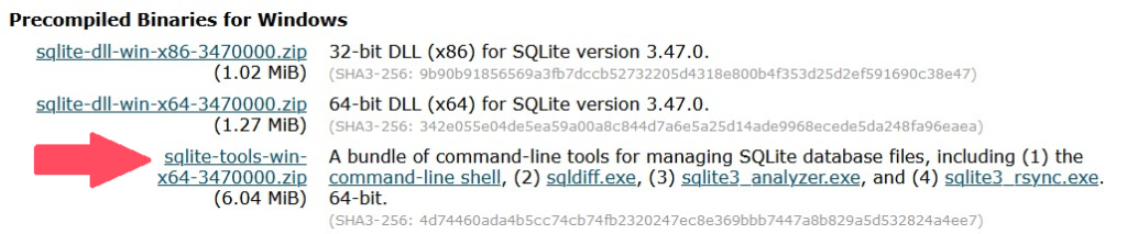 Captura de pantalla que señala el archivo "sqlite-tools-win-x64-3470000.zip" en la página de descargas de SQLite